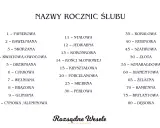 Lista nazw rocznic ślubu: papierowa, bawełniana, skórzana, kwiatowa, drewniana, cukrowa, wełniana, brązowa, gliniana, cynowa, stalowa, jedwabna, koronka, kość słoniowa, kryształowa, porcelanowa, srebrna, perłowa, koralowa, rubinowa, szafirowa, złota, s...