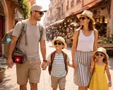 Familia feliz paseando por un zoco, disfrutando de su aventura de marrakech con niños.