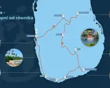 Mapa pokazuje trasę podróży po Sri Lance, wyspie leżącej na Oceanie Indyjskim, na południowy wschód od Indii.