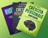 Tre libri per la crescita personale, uno verde brillante con un cervello stilizzato, uno nero e uno viola, disposti su uno sfondo verde.