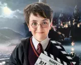 Chłopiec w okularach i szacie Hogwartu trzyma klaps filmowy. Tło to zamek i krajobraz z uniwersum Harry'ego Pottera.