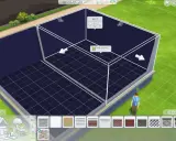 Budowanie w The Sims 4: jak zrobić pół płytki. Widok na pusty pokój z siatką podłogową i narzędziami do budowy.