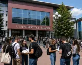 Studenci Uniwersytetu Śląskiego w Gliwicach rozmawiają przed budynkiem.