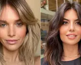 Dwie kobiety prezentują stylowe fryzury do ramion: jedna z blond włosami i grzywką, druga z ciemnymi, falowanymi włosami.