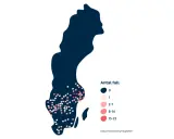 En karta över Sverige med prickar som visar antal fall. Mörka prickar indikerar noll fall, medan ljusare och rödare prickar visar fler fall.
