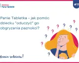 Domowy sposób na obgryzanie paznokci u dzieci? Ilustracja przedstawia zamyśloną kobietę otoczoną znakami zapytania, szukającą odpowiedzi na to pytanie.