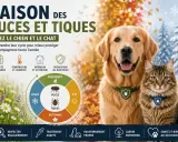 Un chien et un chat souriants, avec un schéma expliquant le cycle des puces et tiques selon les saisons. Protégez vos compagnons toute l'année !