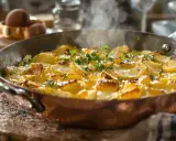 Un plat traditionnel auvergnat : des pommes de terre coupées en fines rondelles, dorées et fumantes dans une poêle en cuivre, garnies de persil frais.