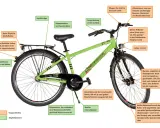 Grünes Fahrrad mit Beschriftungen für den Bike-Test: Gepäckträger, Kettenschutz, Reflektoren und Bremsen sind hervorgehoben.