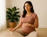 Gravid kvinna sitter i lotusställning och utövar meditation. Hon har slutna ögon och en hand på sin mage. En grön växt står i bakgrunden.