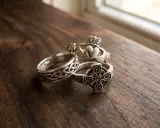 Trzy srebrne pierścionki: Claddagh, symbol przyjaźni, celtycki krzyż i pierścień z węzłem.