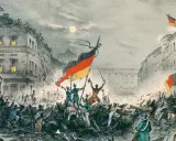 Straßenschlacht in Berlin 1848. Barrikaden, Aufständische mit Fahnen und Soldaten im Kampf. Die gegenrevolution 1848 ist im Gange.