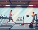 Mężczyzna biegnie na bieżni, kobieta podnosi sztangę. Wybierz swój trening: siłowy czy cardio.