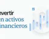 Texto "Invertir en activos financieros" con gráfico de velas y un icono de tendencia.