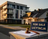 Młotek sędziowski i dokumenty na tle nowoczesnych budynków. Tabliczka "FOR SALE LICYTACJA" zapowiada **egzekucję z nieruchomości**.