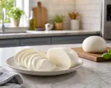 Frischer Mozzarella, angeschnitten und als Kugel auf einem Brett. Ja, kann man Mozzarella einfrieren, um ihn länger haltbar zu machen.