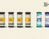 Seis carretes de película fotográfica: tres Kodak Gold 200, dos Fujifilm Velvia y Provia. Cada uno indica 120 y cuántas fotos tiene un carrete.