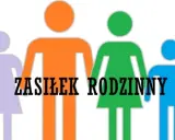 Kolorowe sylwetki rodziny z napisem "ZASIŁEK RODZINNY".