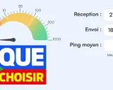 Test de débit fibre optique : réception 217,5 Mb/s, envoi 188,5 Mb/s, ping moyen 39 ms. Logo "Que Choisir".