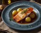 Delicioso filete de raya guisada a la gallega, servido con patatas pequeñas y romero en un plato azul.