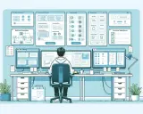 Programista pracuje nad test scenario, analizując dane na wielu monitorach.