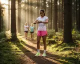 Frauen joggen im Wald und prüfen ihre Smartwatch, um zu sehen, wie oft sie in der Woche joggen.