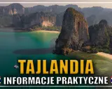 Widok na tropikalną zatokę z wapiennymi klifami, plażą i łodziami. Napis "TAJLANDIA INFORMACJE PRAKTYCZNE".
