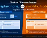 Różnica między `display: none;` a `visibility: hidden;`. Pierwsze usuwa element i jego przestrzeń, drugie ukrywa, zachowując miejsce.
