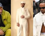 Lewis Hamilton showcases his bold Lewis Hamilton fashion sense in three distinct looks: a vibrant lime green outfit, a sharp cream suit with a beret, and a casual cream jacket with sunglasses.