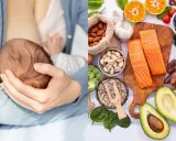 Nutricionista embarazo: lactancia y alimentos saludables como salmón, aguacate, frutos secos y verduras.