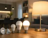 Różne żarówki LED na drewnianym stole. Czy 3000 lumenów to dużo? Obok stoi zapalona lampka stołowa.