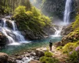 Un escursionista ammira la maestosità delle cascate in Calabria, immerse in un bosco rigoglioso e fiorito.