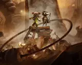 Dwoje dzieci, bohaterowie Little Nightmares 3, stoją na stosie gruzów, otoczeni mgłą i gigantycznymi, złowrogimi postaciami.