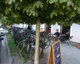 Rowerzyści odpoczywają pod drzewami w Górze Kalwarii. Rzędy rowerów czekają na dalszą trasę.