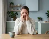 Kvinna med händerna mot ansiktet, troligen på grund av bihåleinflammation. Hon sitter vid ett träbord med en mugg och en karaff med vatten.