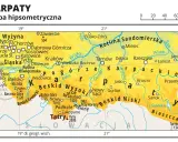 Mapa hipsometryczna Karpat w Polsce, ukazująca pasma górskie jak Tatry, Beskidy, Bieszczady, oraz miasta: Kraków, Rzeszów, Tarnów.