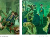 Salman Toor's red chip art depicts intimate scenes of young men in dimly lit interiors and a lively bar.