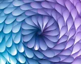A mesmerizing spiral pattern in art, formed by overlapping teardrop shapes in shades of blue and purple, creating a sense of depth and movement.