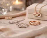 Gioielli scintillanti con il simbolo infinito: collana, bracciale e anelli in oro e argento, un eterno promemoria d'amore.