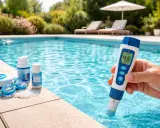 Persona mide el pH de una piscina salina con un medidor digital. Junto a la piscina, gafas y productos para su mantenimiento.