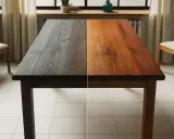 Table en bois divisée en deux : d'un côté, le bois est sombre et vieilli, de l'autre, il est éclairci et naturel. Avant après.