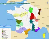 Carte des principaux départements viticoles de France, montrant les régions comme Bordeaux, Bourgogne, Champagne, et la Vallée du Rhône.