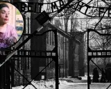 Wizerunek przedstawia bramę obozu koncentracyjnego z napisem "Arbeit macht frei" i portret starszej kobiety, która przeżyła eksperymenty na dzieciach.