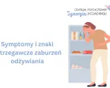 Kobieta z bólem brzucha i głowy stoi przed otwartą lodówką pełną jedzenia.