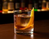 En drink med is och en citronskal, som en rostig spik i en bar.