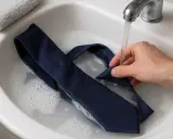 Lavando una corbata de seda con vinagre en un lavabo con agua burbujeante.