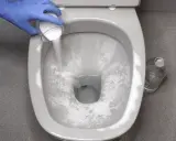 Rękawiczka w niebieskiej rękawiczce wsypuje proszek do muszli klozetowej, rozpoczynając czyszczenie muszli klozetowej.