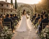 Novia camina hacia el altar bajo un arco floral, mientras un violinista toca. La ceremonia, con invitados sentados, evoca el ambiente de canciones de boda modernas.