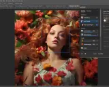 Retrato inteligente con filtros neurales de Photoshop. Una mujer con cabello pelirrojo y flores naranjas y rosas.