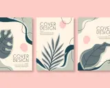 Trois maquettes de couverture de livre avec des motifs abstraits et des feuilles tropicales. Une belle idée de couverture de livre pour un projet nature.
